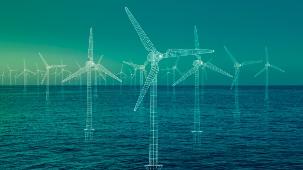Projeção de aerogeradores em parque eólico no mar (offshore). Imagem: Divulgação/Petrobras