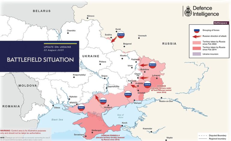 Mapa de 22/08/2025 ilustra a pressão militar russa em diferentes frentes — norte, leste e sul —, destacando o Donbass e a Península da Crimeia como regiões críticas. Fonte: UK Ministry of Defence – Defence Intelligence.