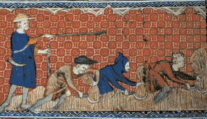 Trabalhadores agrícolas sob supervisão senhorial em iluminura medieval do Queen Mary’s Psalter (c. 1310–1320). A imagem retrata relações de dependência pessoal típicas do feudalismo europeu. Crédito: Autor anônimo (Queen Mary Master), c. 1310–1320. Queen Mary’s Psalter, British Library. Domínio público. Via Wikimedia Commons.