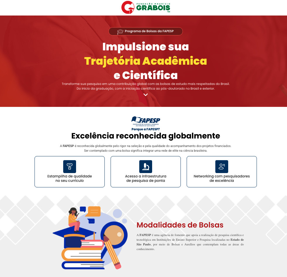 Tela inicial da trilha formativa na plataforma Biroo apresenta o percurso de orientação oferecido pelo Banco de Pesquisadores da Fundação Maurício Grabois, com conteúdos voltados à preparação de projetos e candidaturas a bolsas da FAPESP.Imagem: reprodução / Plataforma Biroo