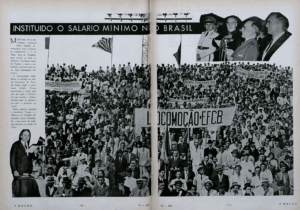 Dupla de páginas da revista O Malho (RJ), edição nº 5, de junho de 1940, registrando a instituição do salário mínimo no Brasil durante o governo Getúlio Vargas. Crédito: Hemeroteca Digital da Biblioteca Nacional.