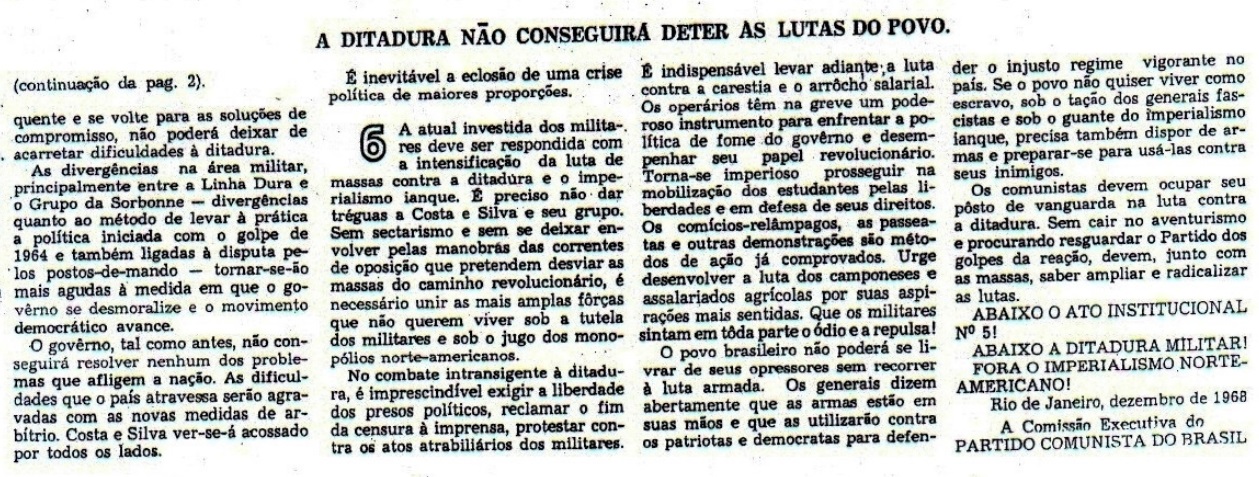 Reprodução de jornal 'A Classe Operária' de janeiro de 1969. Fonte: Acervo / CDM