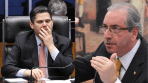 Separadas por quase uma década, as imagens de Eduardo Cunha (2016) e Davi Alcolumbre (2026) ilustram a comparação proposta pelo autor entre dois períodos de tensão nas relações entre Congresso e Executivo. Montagem com fotos de Antonio Cruz/Agência Brasil (2016) e Lula Marques/Agência Brasil (2026).