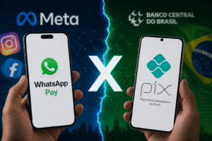 Representação gráfica do embate entre o WhatsApp Pay, iniciativa da Meta para atuar nos pagamentos digitais, e o Pix, apontado por Sérgio Amadeu como uma barreira ao avanço das Big Techs nesse mercado. Crédito: Arte gerada por IA/Portal Grabois.