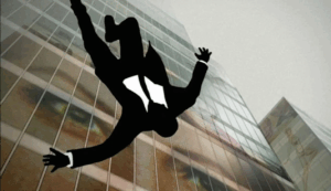 Frame da abertura de Mad Men (2007), criada por Steve Fuller e Mark Gardner e inspirada na linguagem gráfica do designer Saul Bass. A animação mostra a silhueta de um homem de negócios em queda diante de edifícios corporativos. Crédito: Reprodução / Mad Men (2007)